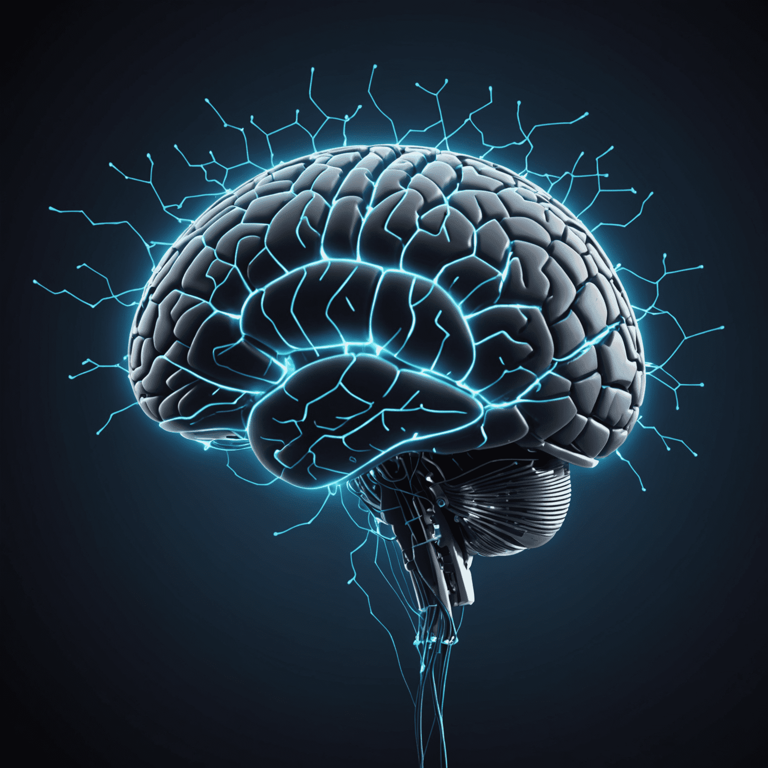 Una imagen que muestra un cerebro digital representando la inteligencia artificial, con conexiones neuronales brillantes en un fondo azul oscuro