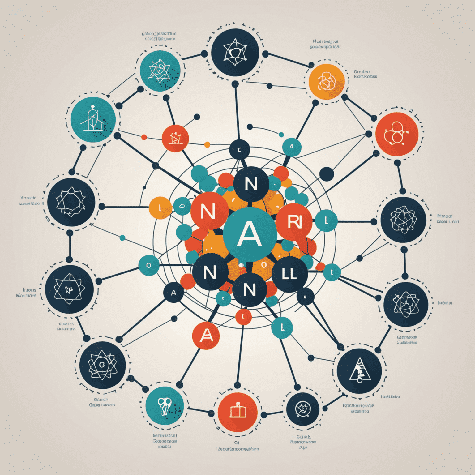 Imagen que muestra un diagrama simplificado de redes neuronales y símbolos de IA, perfecto para principiantes