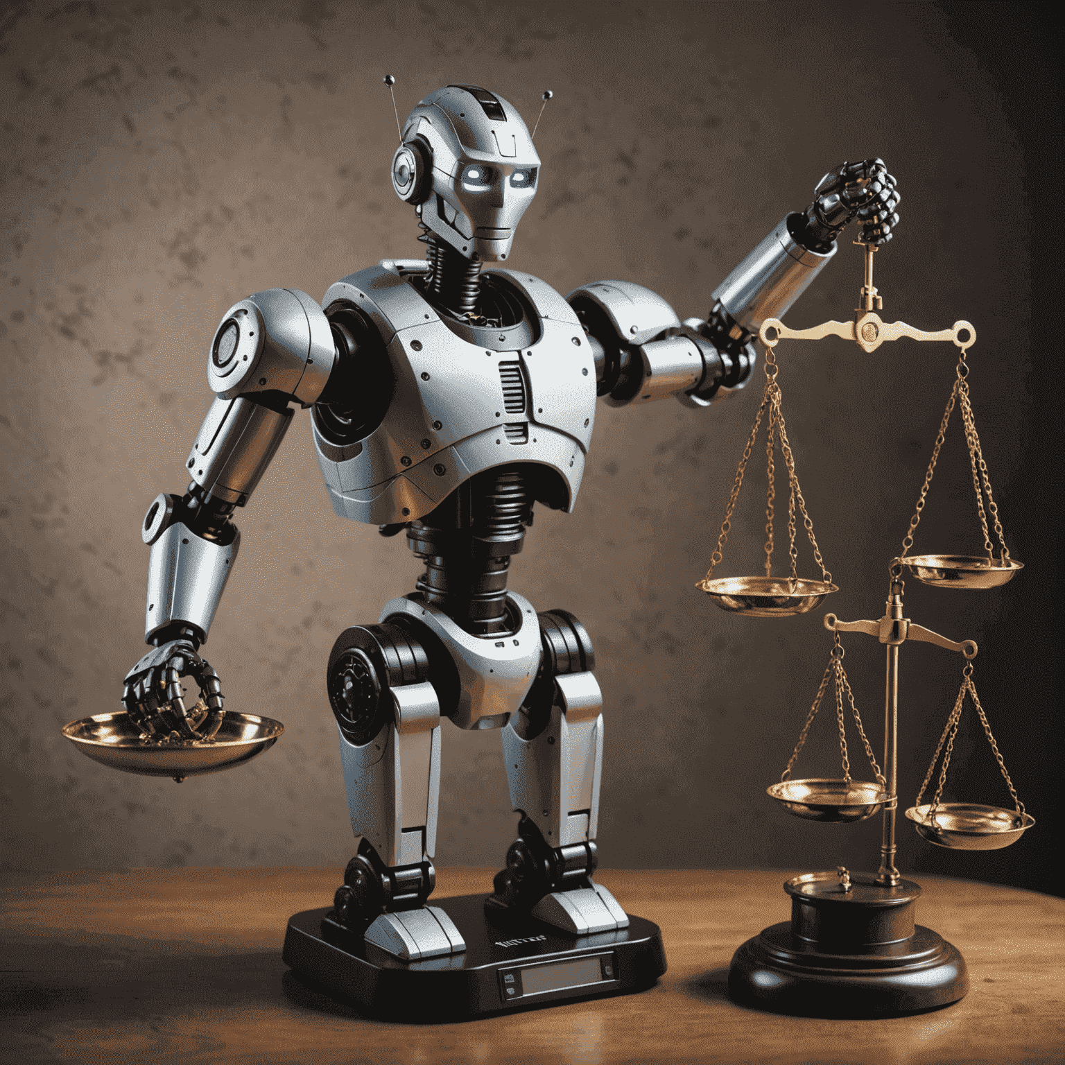 Imagen que representa la ética en la inteligencia artificial, mostrando un robot sosteniendo una balanza de la justicia, simbolizando el equilibrio entre el avance tecnológico y los valores éticos