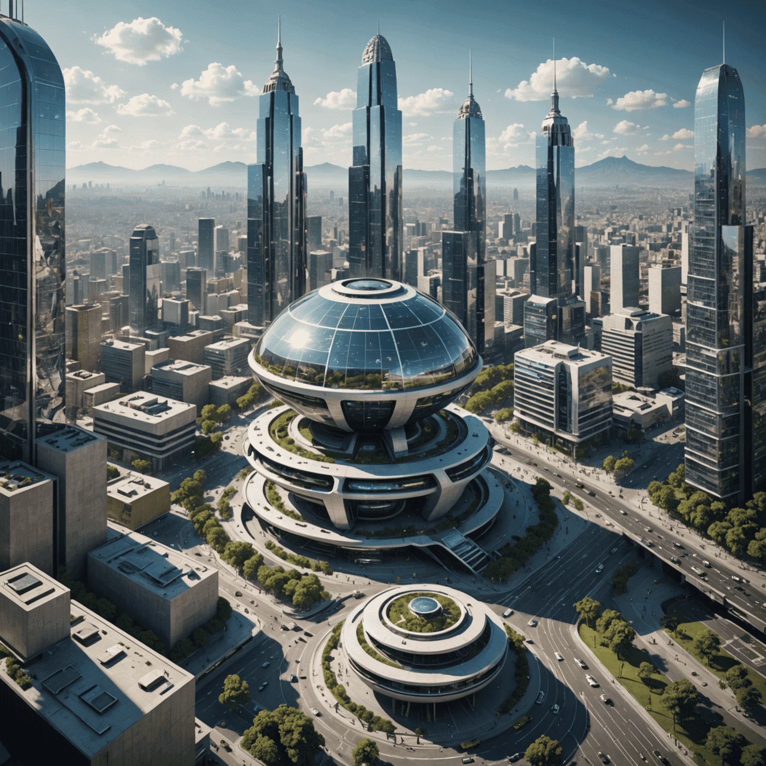 Imagen que muestra una representación futurista de la Ciudad de México con elementos de inteligencia artificial integrados de manera armoniosa en la arquitectura y la vida cotidiana, simbolizando un futuro donde la IA ética es parte integral de la sociedad