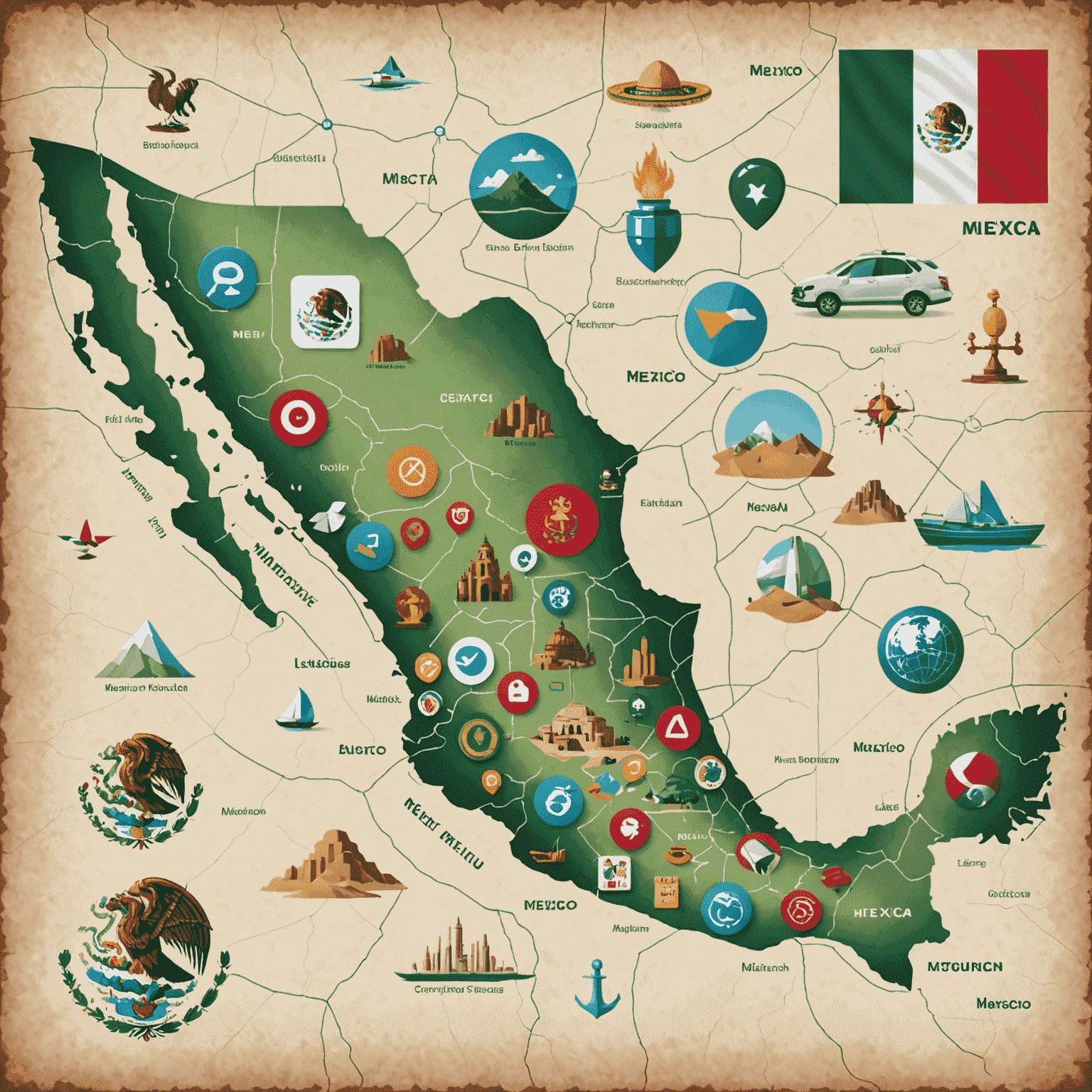 Imagen que muestra un mapa de México con iconos de tecnología y IA superpuestos